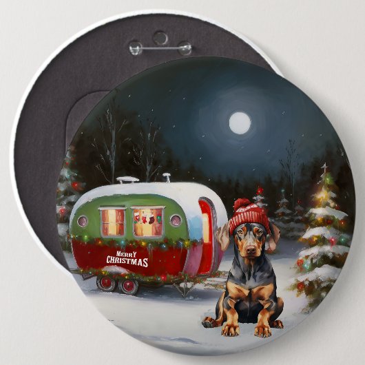 Winter Doberman Caravan Weihnachtsabenteuer Button (Vorne & Hinten)