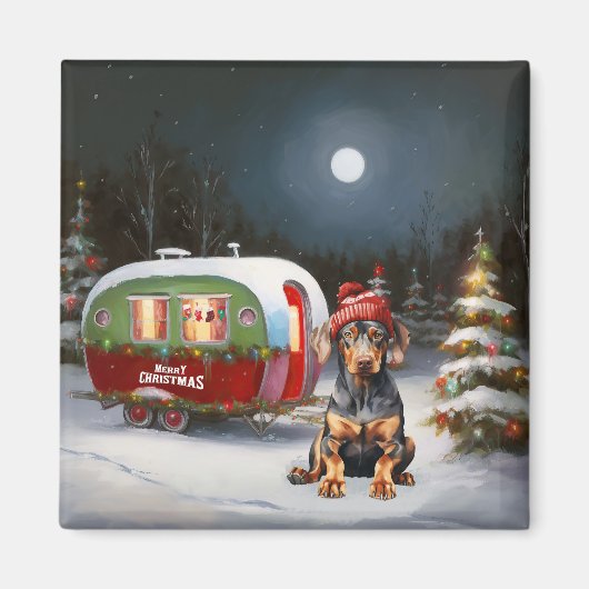 Winter Doberman Caravan Weihnachtsabenteuer Magnet (Vorne)