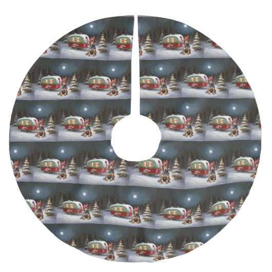 Winter Doberman Caravan Weihnachtsabenteuer Polyester Weihnachtsbaumdecke (Vorderseite)