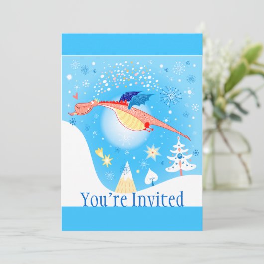 Winter-Drache-Fliegen durch Schneeflocken Einladung (Stehend Vorderseite)