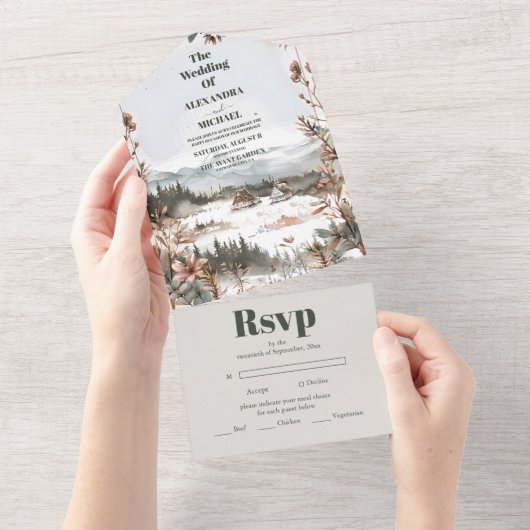 Winter Dusty Blue Mountain Minimalistisch Hochzeit All In One Einladung (Abreißen)