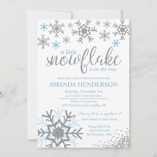 Winter Dusty Blue Snowflake Babydusche Einladung (Vorderseite)