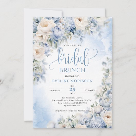 Winter Dusty Blue und Elfenbein Blume Bridal Brunc Einladung (Vorderseite)