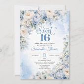 Winter Dusty Blue und Elfenbein Blume Sweet 16 Einladung (Vorderseite)