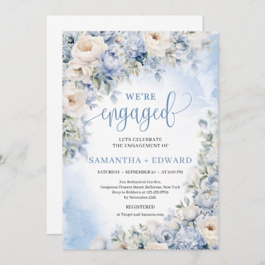 Winter Dusty Blue und Elfenbeinküste Blume WIR SIN Einladung (Vorne/Hinten)