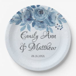 Winter Dusty Blue Watercolor Peony Wedding Pappteller