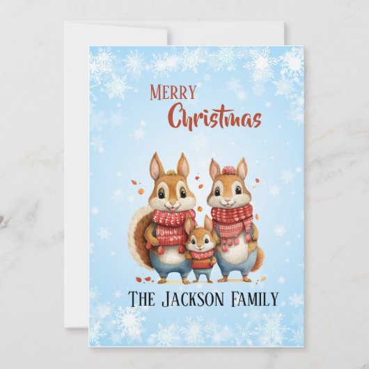 Winter-Eichhörnchenfamilie mit Skarabäen Feiertagskarte (Vorderseite)