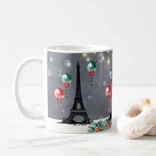 Winter Eiffelturm, Weihnachtsballons Nachtzeit Kaffeetasse (Mit Donut)
