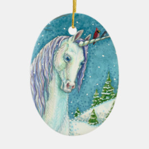 WINTER-EINHORN UND VÖGEL, FRIEDLICHE SCHNEELANDSCH KERAMIK ORNAMENT