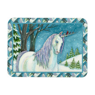 WINTER-EINHORN UND VÖGEL, FRIEDLICHES SCHNEEPFERD MAGNET