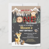 Winter-Einlandwald-Tier zum ersten Geburtstag Einladung (Vorderseite)