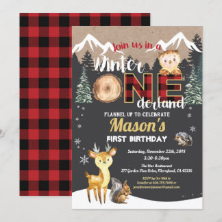 Winter-Einlandwald-Tier zum ersten Geburtstag Einladung