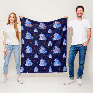 Winter-Eis-Blauer-Tannen-Stechpalmen-Beeren-Navy-W Fleecedecke