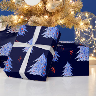 Winter-Eisblaue Bäume Stechpalmen-Beeren Navy-Weih Geschenkpapier