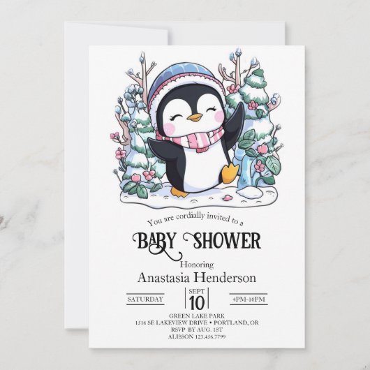 Winter Elegant Pinguin Baby Dusche Einladung (Vorderseite)