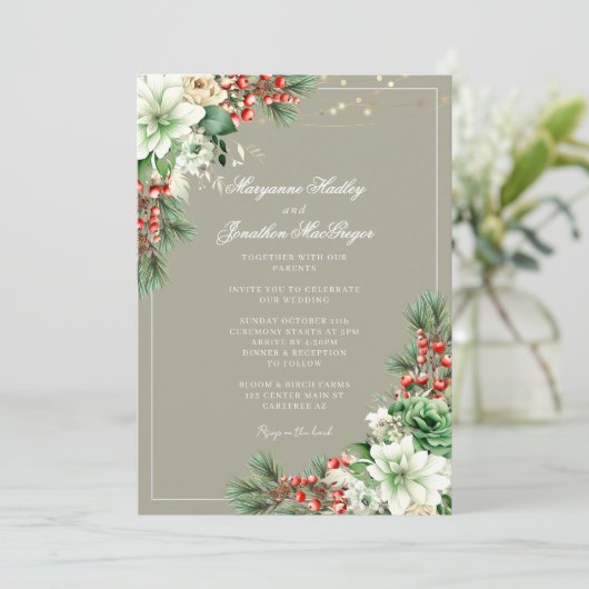 Winter Elegante Blumenschrift Hochzeit Einladung (Stehend Vorderseite)