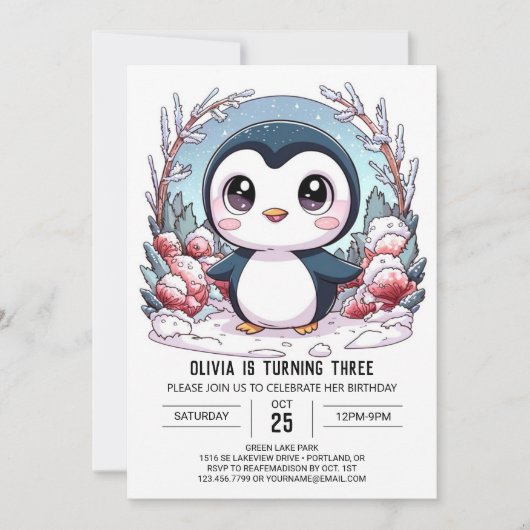 Winter Elegante Pinguin Digitaler Geburtstag Einladung (Vorderseite)