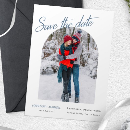 Winter Elegantes Foto Dusty Blue Calligraphy Save The Date