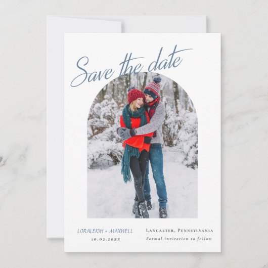 Winter Elegantes Foto Dusty Blue Calligraphy Save The Date (Vorderseite)