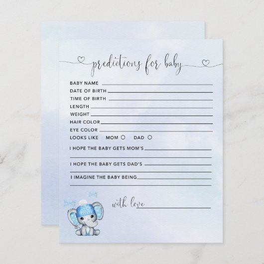 Winter Elephant Baby Shower Predictions Card (Vorne/Hinten)