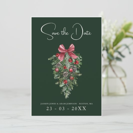 Winter Emerald Green Weihnachtsfeier Save The Date (Stehend Vorderseite)