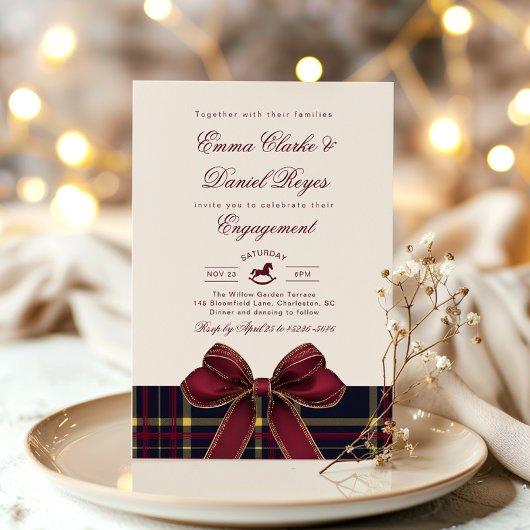 Winter Engagement party Christmas Plaid Red Bow Einladung