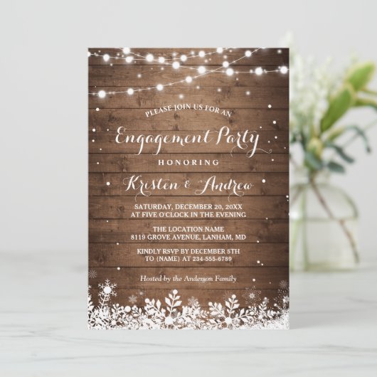 Winter Engagement Party Snowflakes String Lights Einladung (Stehend Vorderseite)