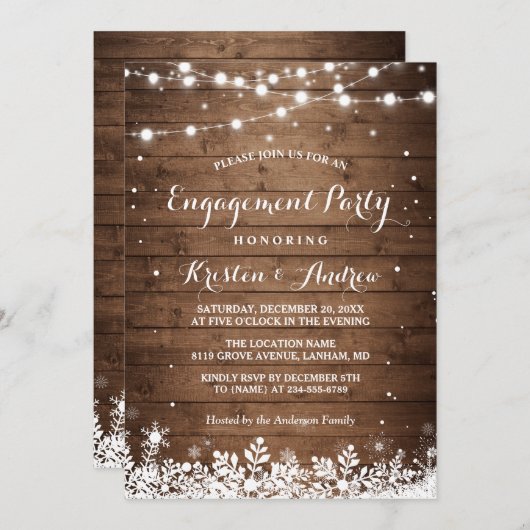 Winter Engagement Party Snowflakes String Lights Einladung (Vorne/Hinten)