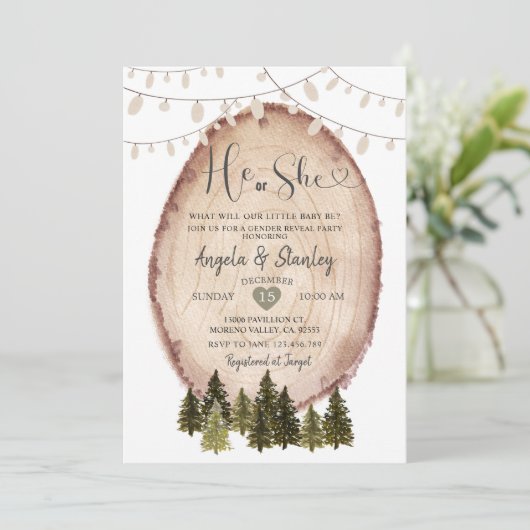 Winter Er oder sie Geschlecht offenbaren rustikale Einladung (Stehend Vorderseite)