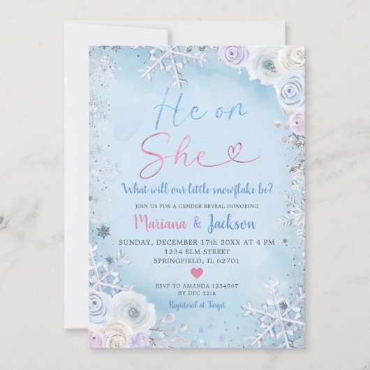 Winter Er oder sie Schneeflocken Weihnachtsgeschle Einladung (Vorderseite)