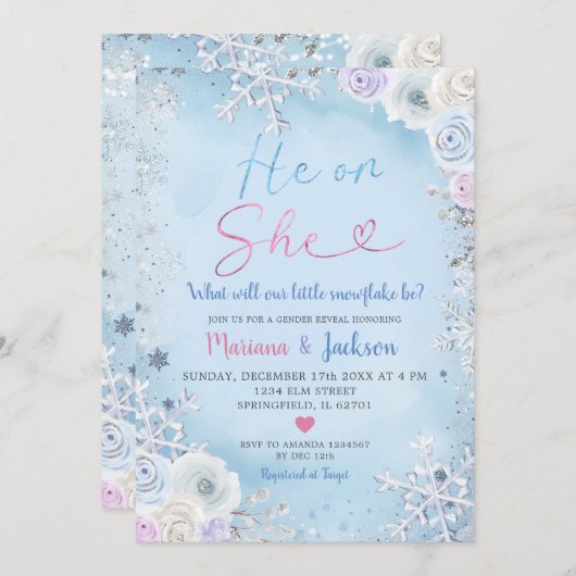 Winter Er oder sie Schneeflocken Weihnachtsgeschle Einladung (Vorne/Hinten)