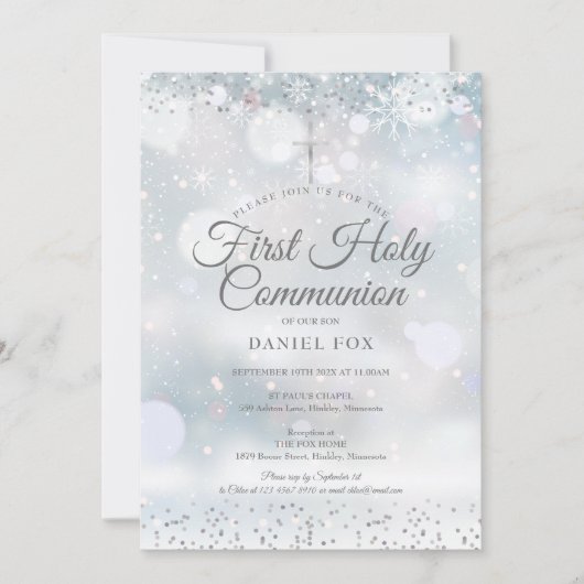 Winter Erste Heilige Kommunion Silver Confetti Einladung (Vorderseite)