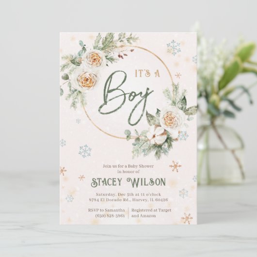 Winter Es ist ein Baby-Dusche Sprinkle Green Gold Einladung (Stehend Vorderseite)