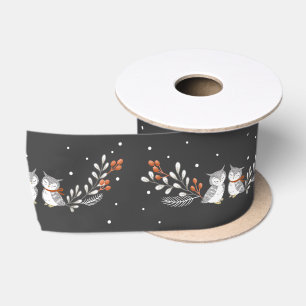 Winter-Eulen-Satin-Band - Schwarzes Satinband