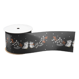 Winter-Eulen-Satin-Band - Schwarzes Satinband
