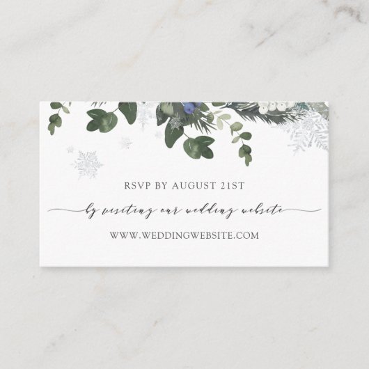 Winter Evergreen Blue Wedding RSVP Online Begleitkarte (Vorderseite)