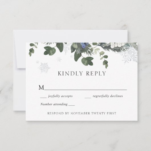 Winter Evergreen Blue Wedding RSVP Response Einladung (Vorderseite)