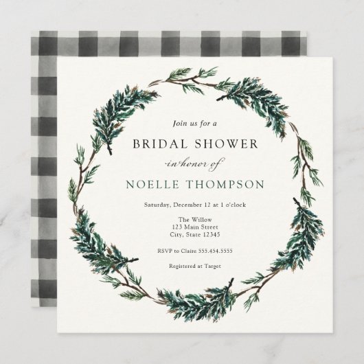 Winter Evergreen Buffalo Kariertes Brautparty Einladung (Vorne/Hinten)
