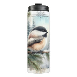 Winter Evergreen Chickadee Bird Watercolor Tumbler Thermosbecher