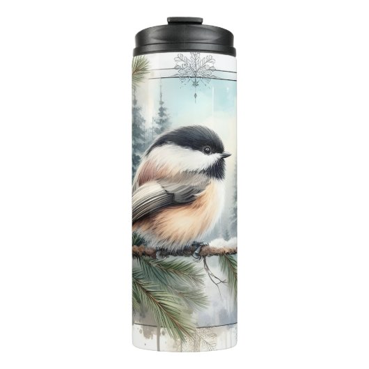 Winter Evergreen Chickadee Bird Watercolor Tumbler Thermosbecher (Vorderseite)