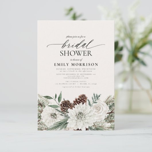 Winter Evergreen Elegantes Brautparty Einladung (Stehend Vorderseite)