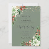 Winter Evergreen Floral Emerald Green Wedding Einladung (Vorderseite)