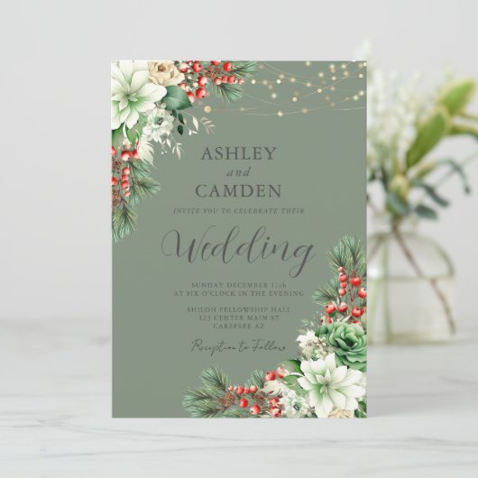 Winter Evergreen Floral Emerald Green Wedding Einladung (Stehend Vorderseite)