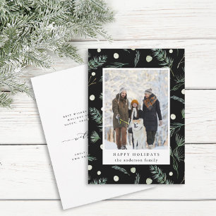 Winter Evergreen Foliage Photo Black  Holiday Card Feiertagskarte