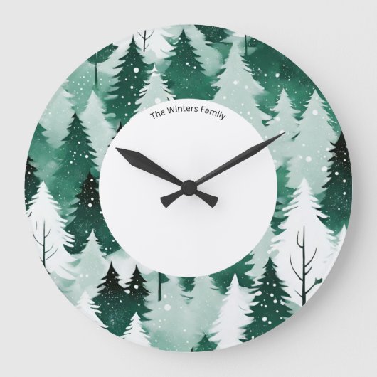 Winter Evergreen Forest Snow Trees Personalisiert Große Wanduhr (Vorderseite)