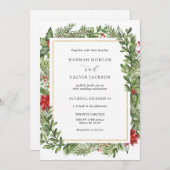 Winter Evergreen Gold Frame Wedding Einladung (Vorne/Hinten)