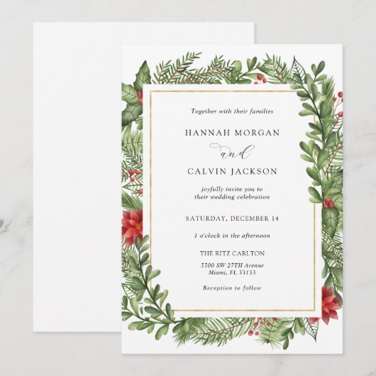 Winter Evergreen Gold Frame Wedding Einladung (Vorne/Hinten)
