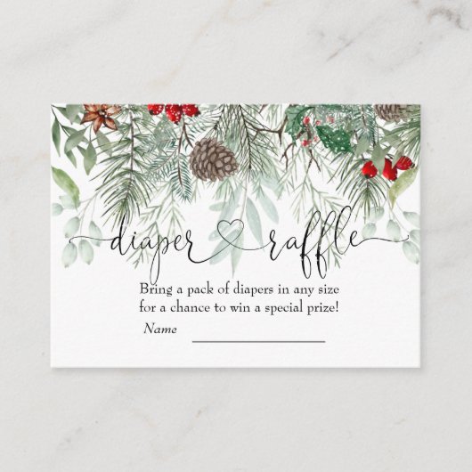 Winter Evergreen Pine Baby Dusche Windeln Raffle Begleitkarte (Vorderseite)