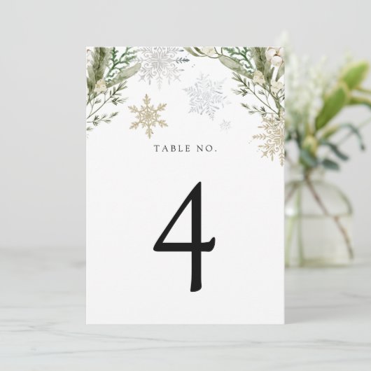 Winter Evergreen Snowflake Tischnummer (Stehend Vorderseite)