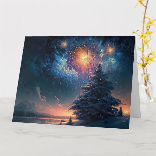 Winter Evergreen Tree & Fireworks Karte (Gelbe Blume)